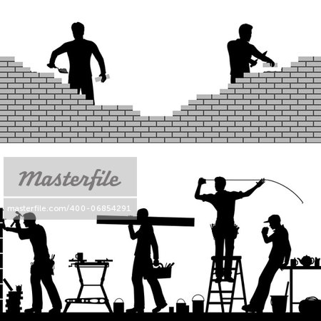 Two editable vector foreground design elements of builders and bricklayers