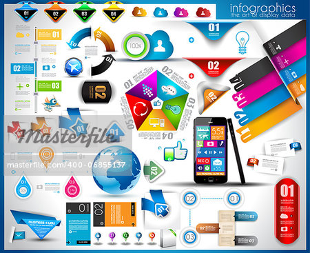 Infographic elements - set of paper tags, technology icons, cloud cmputing, graphs, paper tags, arrows, world map and so on. Ideal for statistic data display.