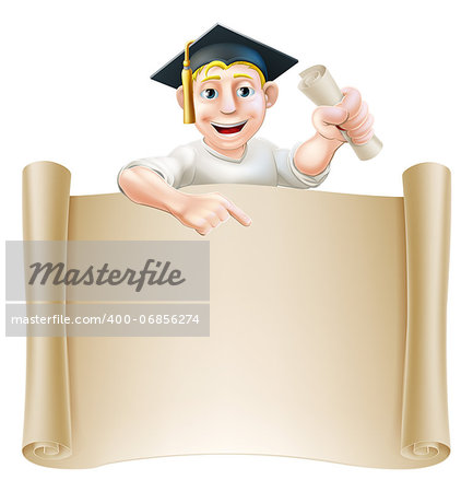 Cartoon man in moratar board holding a certificate, diploma or other qualification, peeping over a scroll and pointing down