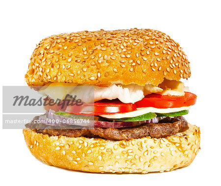 Beef burger with vegetables isolated on white background