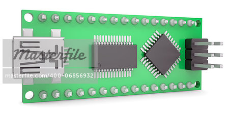 Computer board with chips and USB output. Isolated render on a white background