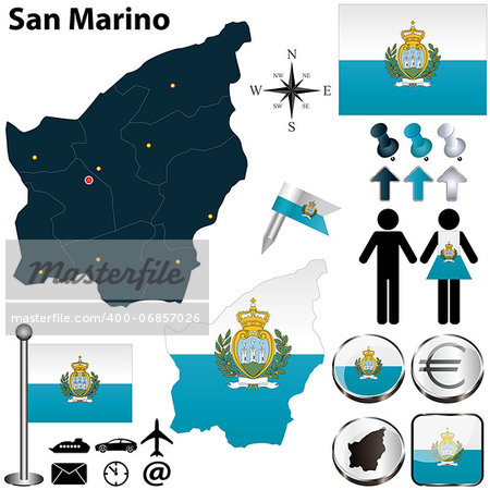 Vector of San Marino set with detailed country shape with region borders, flags and icons