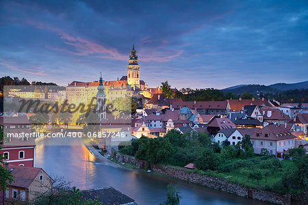 Image of Cesky Krumlov, located in southern Czech Republic at twilight.
