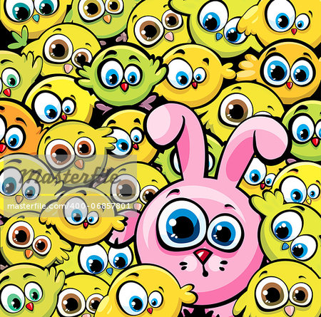 Vector wallpaper with cartoon funny yellowchickens and pink bunny.