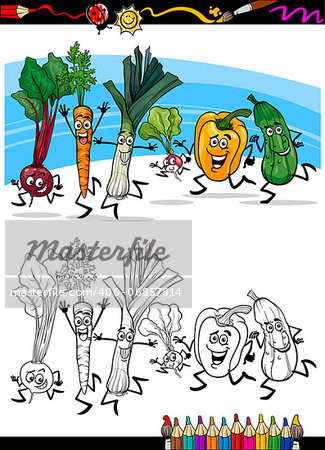 Coloring Book or Page Cartoon Illustration of Running Vegetables Funny Food Objects Group for Children Education