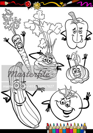 Coloring Book or Page Cartoon Illustration of Black and White Vegetables Food Comic Characters Set