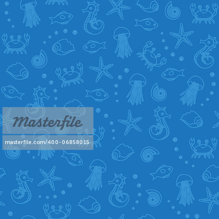 Seamless pattern with sea creatures and bubbles