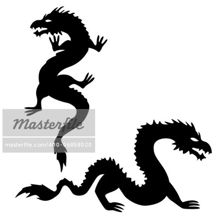 Set 2 of two dragon silhouettes on white background