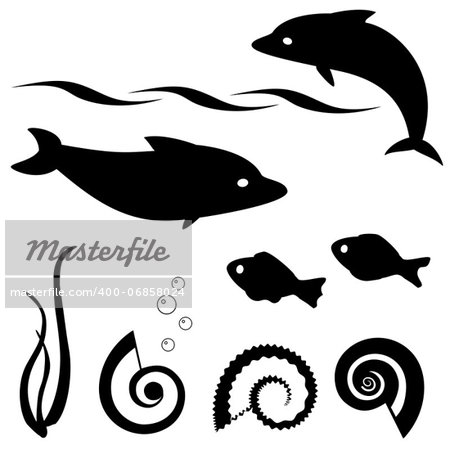Set of fish and shell silhouettes isolated on white