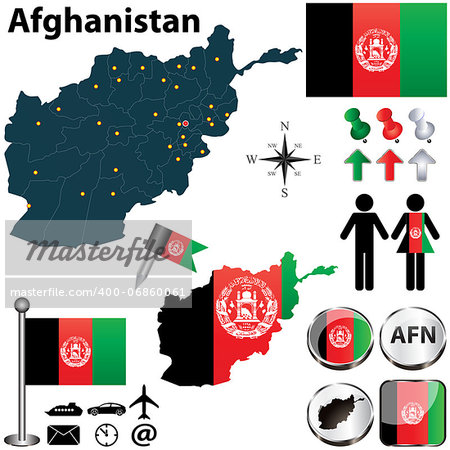 Vector of Afghanistan set with detailed country shape with region borders, flags and icons