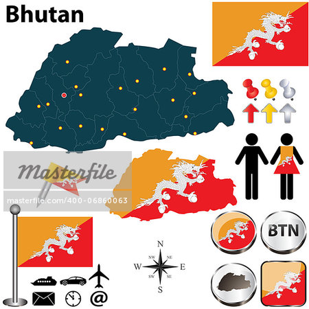 Vector of Bhutan set with detailed country shape with region borders, flags and icons