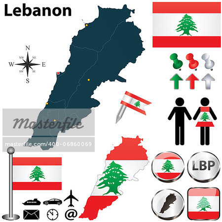 Vector of Lebanon set with detailed country shape with region borders, flags and icons