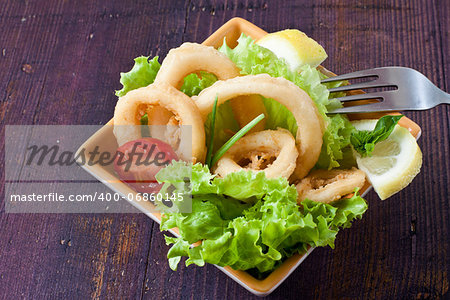 fried calamari and lettuce leaf on white tray