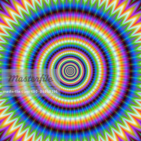 Digital abstract fractal image with a psychedelic ring design in yellow, green and purple.