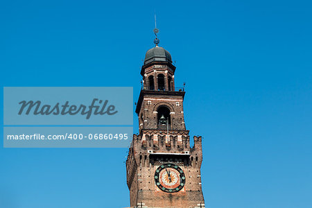 The Clock Tower of Sforzesco Castle in Milan, Lombardy, Italy