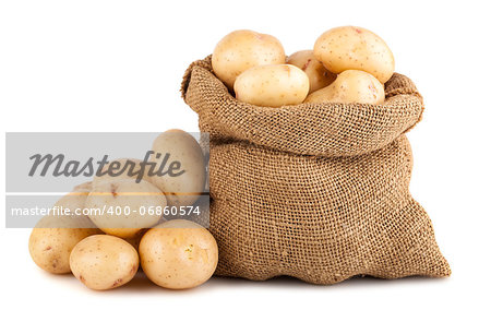 Ripe potato in burlap sack isolated on white background