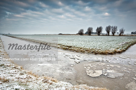 broken ice on frozen river in Dutch winter farmland