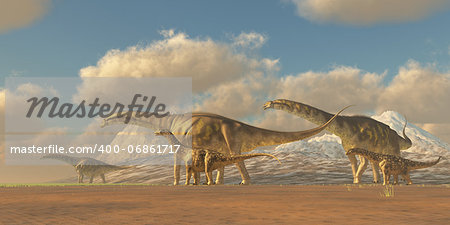 A herd of Argentinosaurus dinosaurs walk towards more fertile vegetation to eat and water to drink.