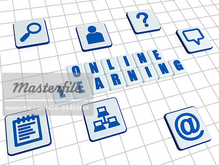 online learning and internet signs - text and symbols in 3d white blocks with blue letters, education concept words