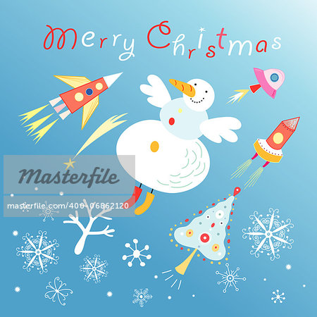 bright greeting card with a funny snowman and missiles on a blue background with snowflakes