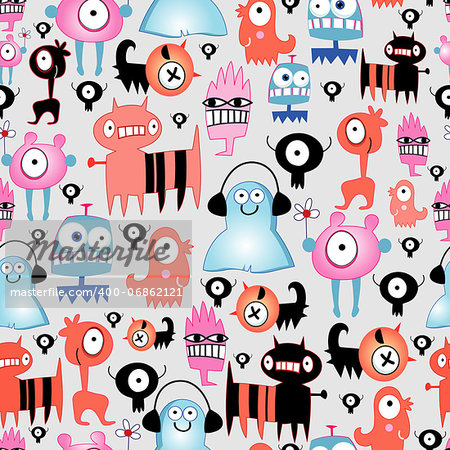 seamless pattern of funny little monsters on a gray background