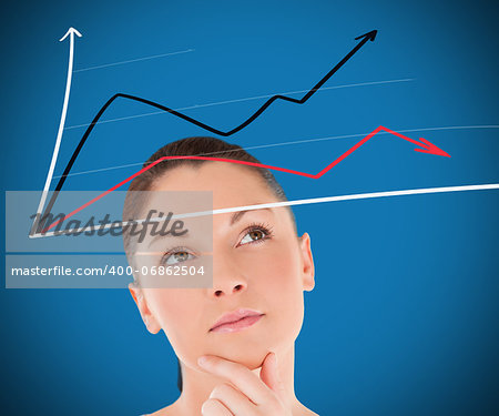 Woman looking at a statistic against blue background