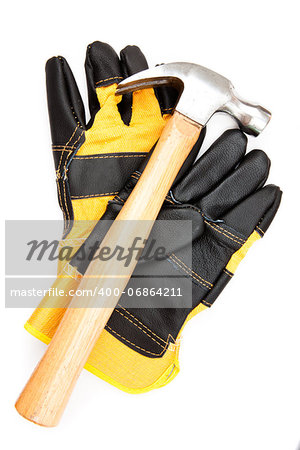 Hammer with pair of black and yellow protective gloves