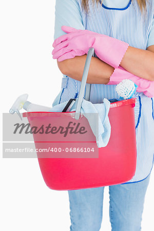 Maid with a pink bucket in the white background