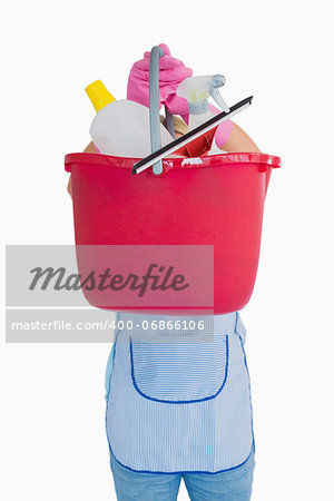 Maid showing a pink bucket in the white background