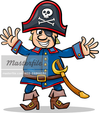 Cartoon Illustration of Funny Pirate or Corsair Captain with Eye Patch and Jolly Roger