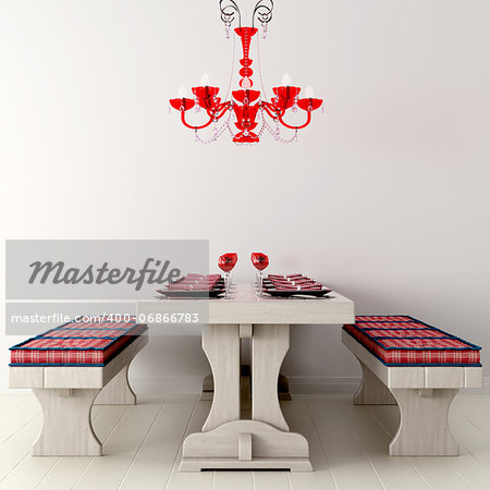 The composition consists of a wooden table with benches with red decor and red chandeliers