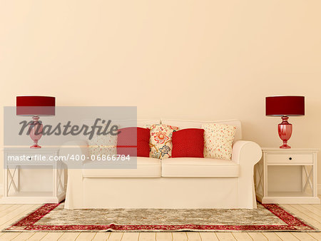 Interior composition of white sofa, red table lamps and red decor that create holiday mood