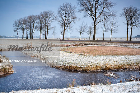frozen canal in Dutch winter farmland
