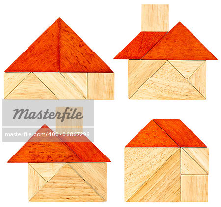 four abstract pictures of a house with a red roof built from seven tangram wooden pieces, a traditional Chinese puzzle game
