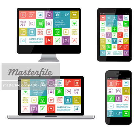 Isolated gadgets with ui and web elements including flat design. EPS10 vector illustration.