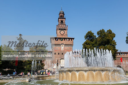 The Fountain and Sforzesco Castle in Milan, Lombardy, Italy