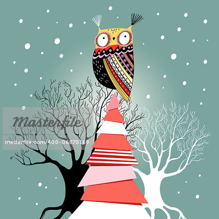 graphic beautiful Christmas card with an owl on the tree on a green background with snow