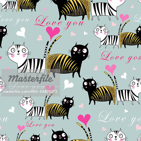 funny seamless pattern with lovers cats on a pale blue background