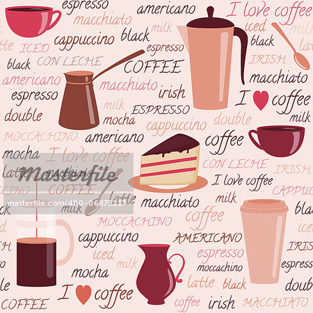 Seamless pattern with coffee items and colorful text