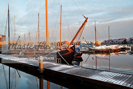 ship, yachts and boast on marina in Groningen, Netherlands