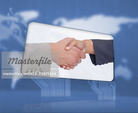 Screen displaying handshake in blue digital interface with world map