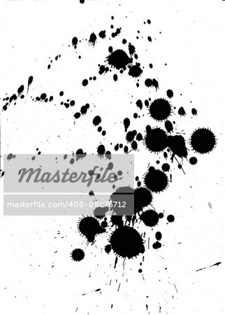 Black ink blobs and splatter on white background