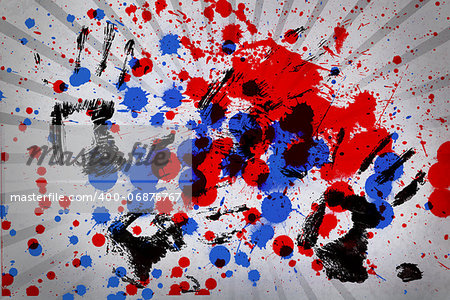 Blue and red paint splashes with black hand prints on grey linear pattern