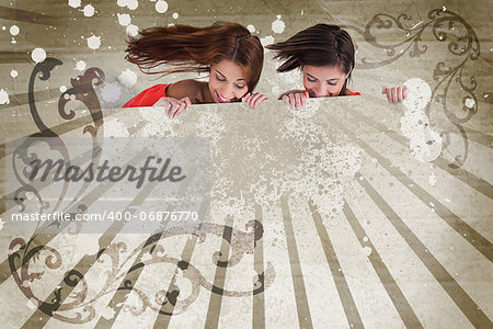 Girls looking down on copy space on beige and brown art deco style background