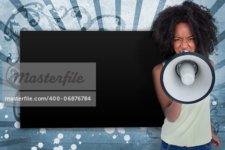 Girl with afro shouting through megaphone with copy space on blue art deco style background