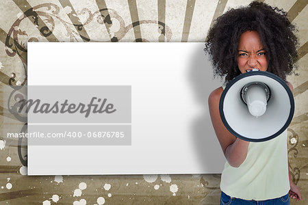 Girl with afro shouting through megaphone with white copy space on beige art deco style background