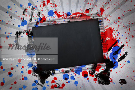Black copy space with black hand prints and red and blue paint splashes on linear pattern