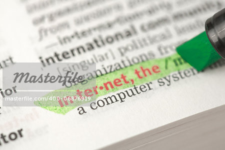 Internet definition highlighted in green in the dictionary