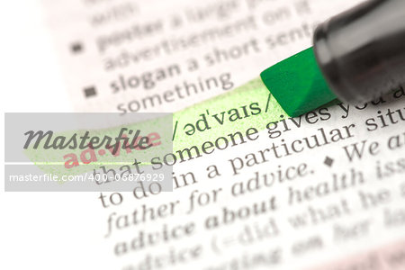 Advice definition highlighted in green in the dictionary