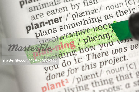Planning definition highlighted in green in the dictionary